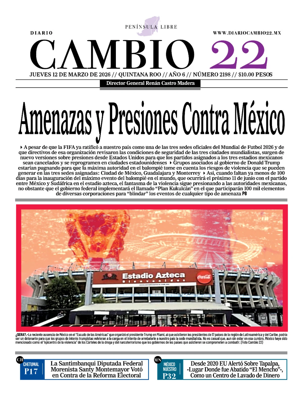 Portada de Diario Cambio 22 (contraportada) del jueves, 12 de marzo de 2026