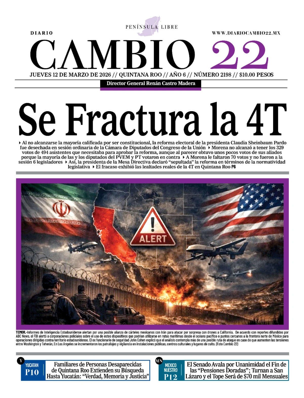Portada de Diario Cambio 22 (portada) del jueves, 12 de marzo de 2026