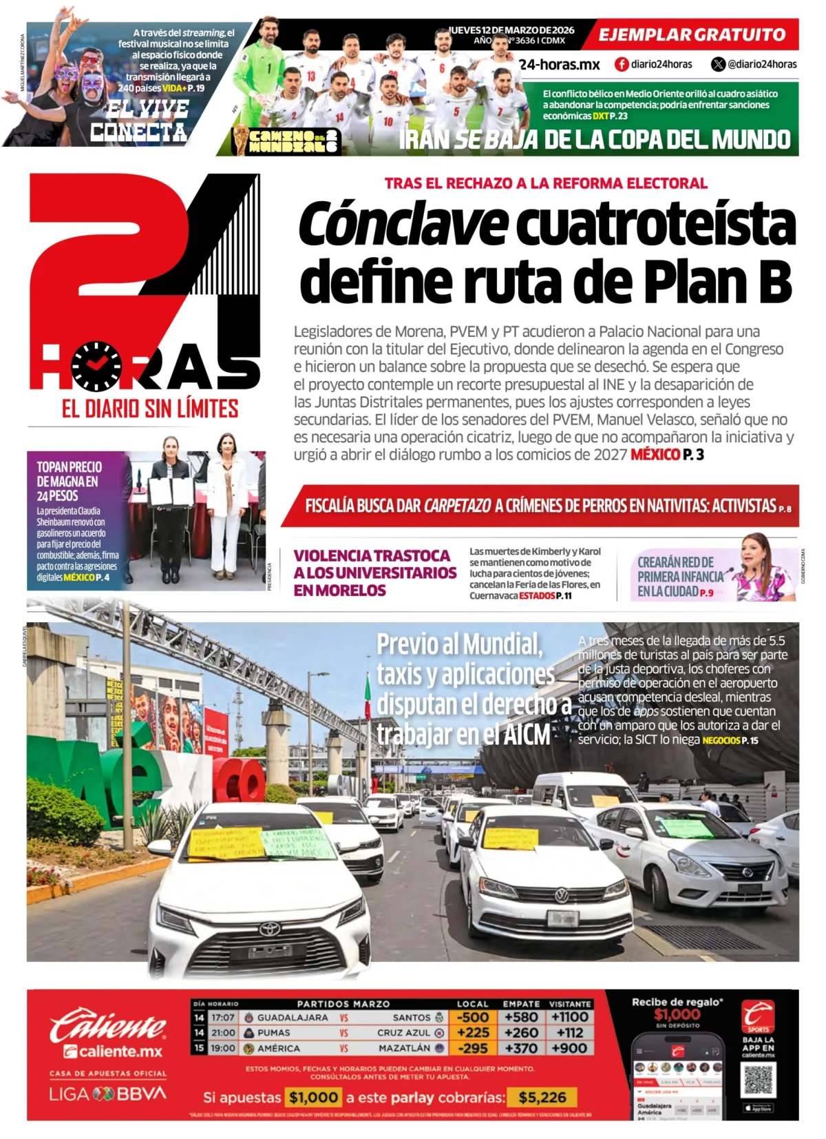 Portada de 24 Horas del jueves, 12 de marzo de 2026