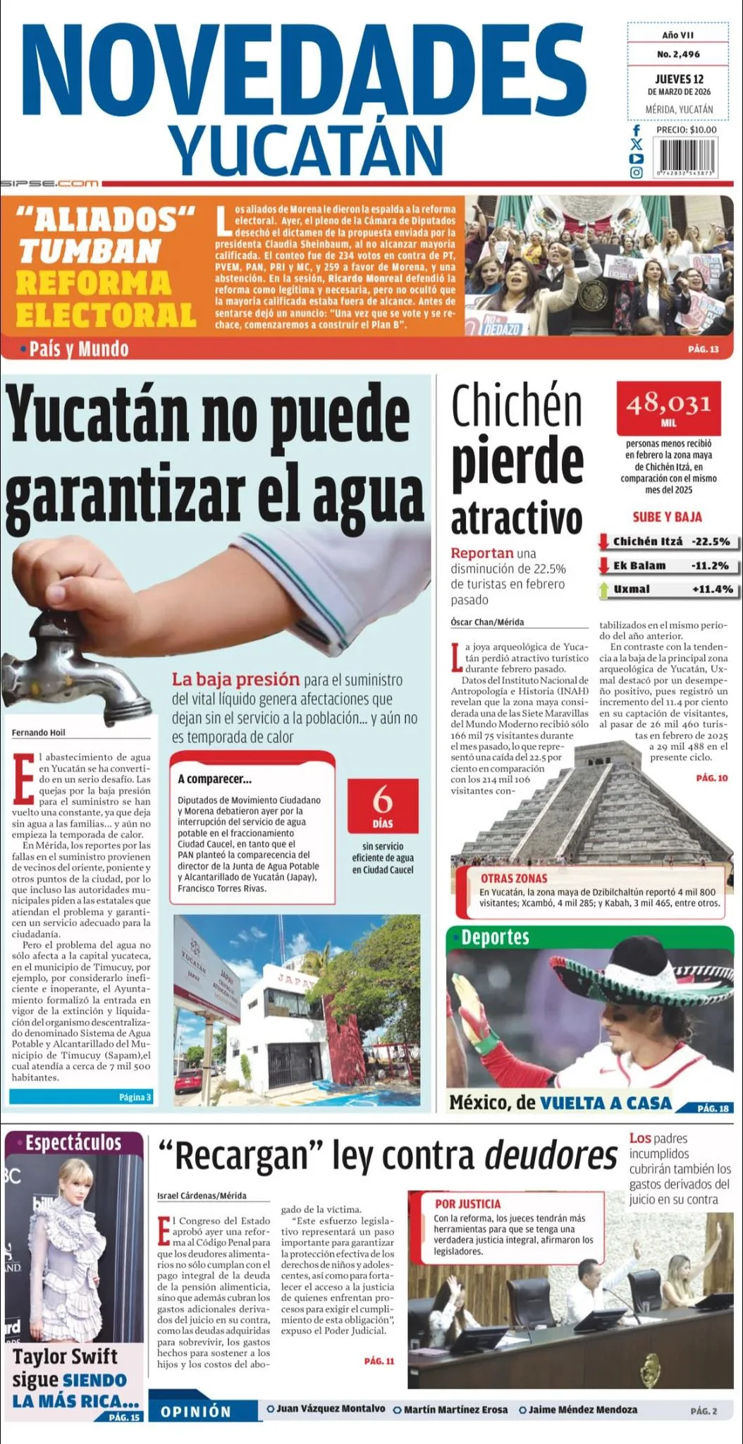 Portada de Novedades Yucatan del jueves, 12 de marzo de 2026