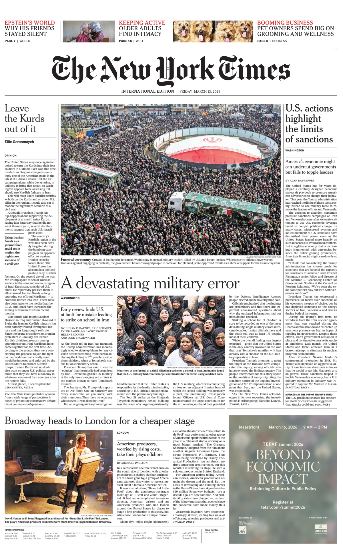 Portada de The New York Times (international) del viernes, 13 de marzo de 2026
