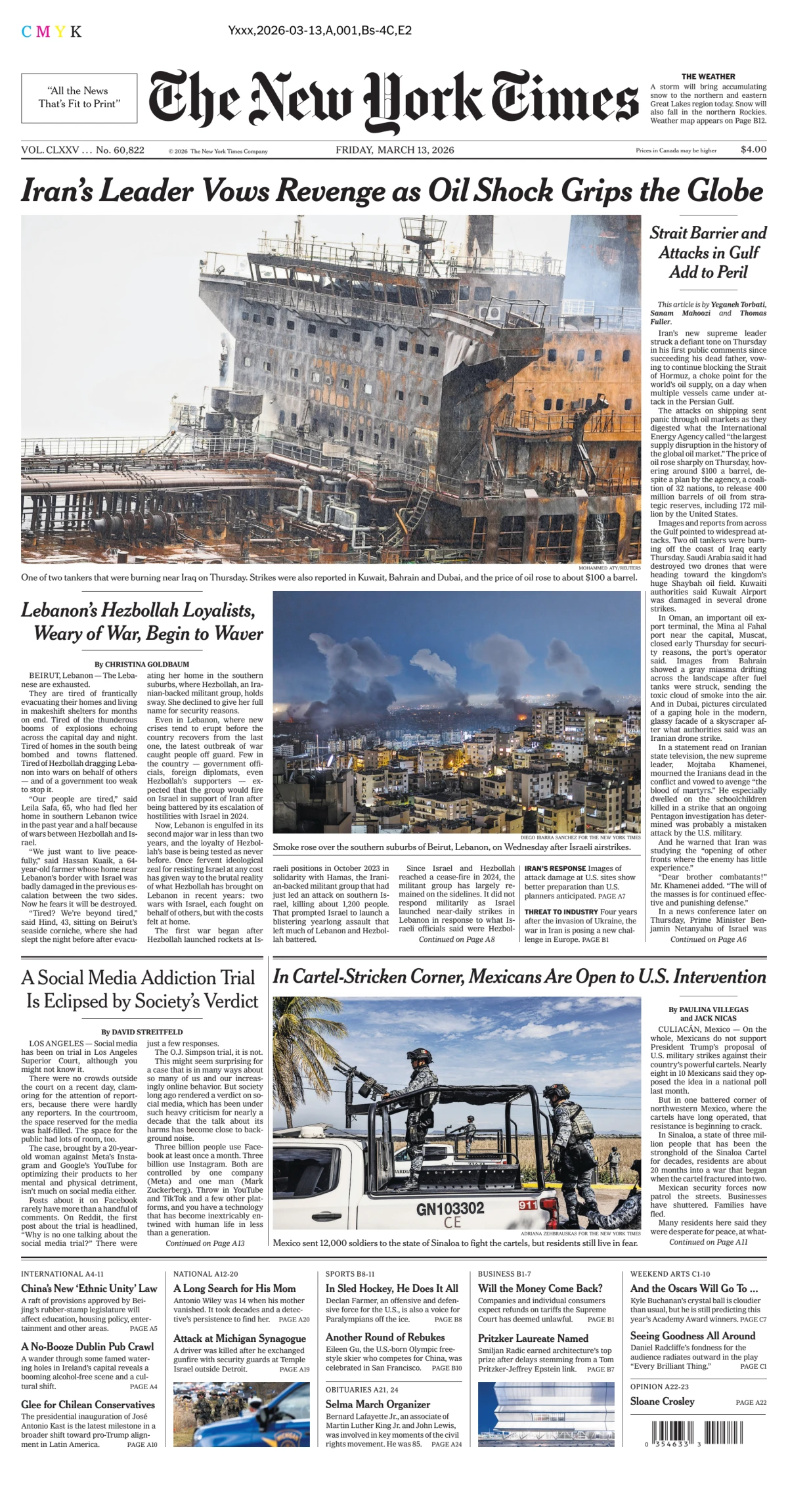 Portada de The New York Times (national) del viernes, 13 de marzo de 2026