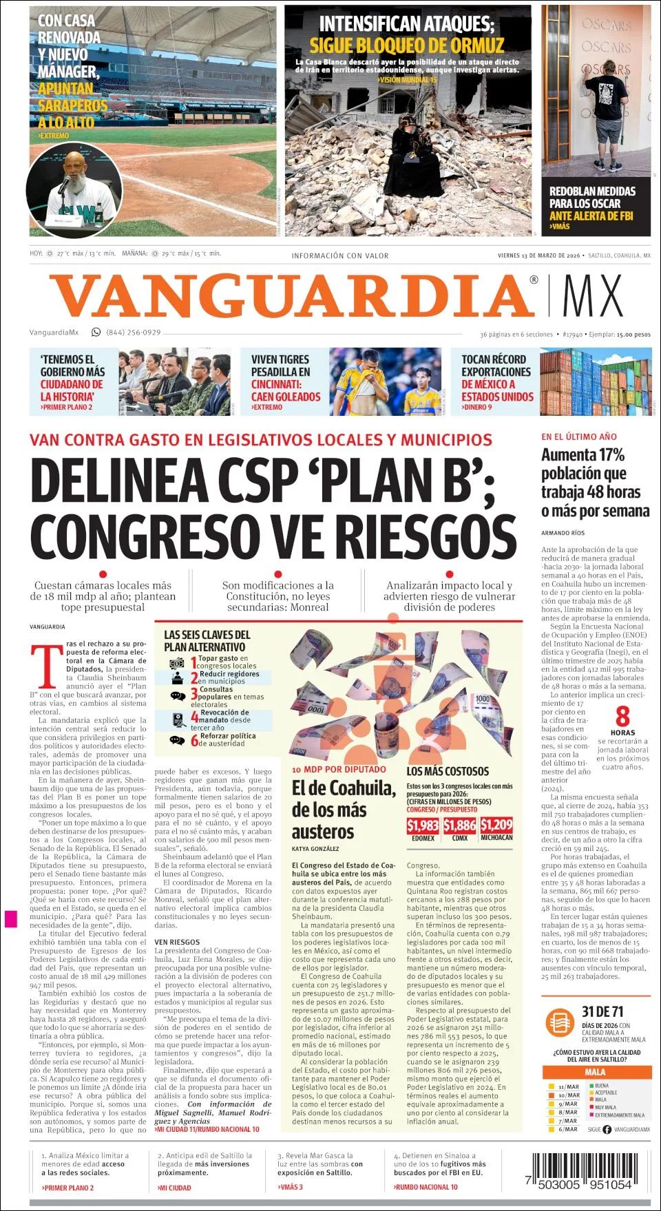 Portada de Vanguardia del viernes, 13 de marzo de 2026