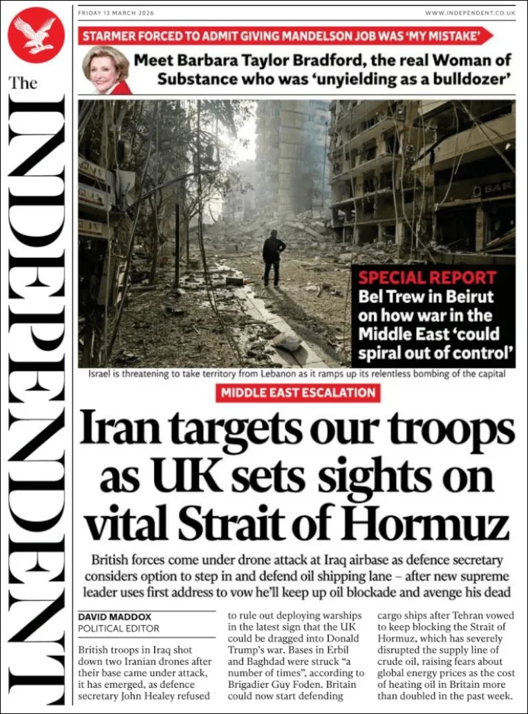 Portada de The Independent del viernes, 13 de marzo de 2026