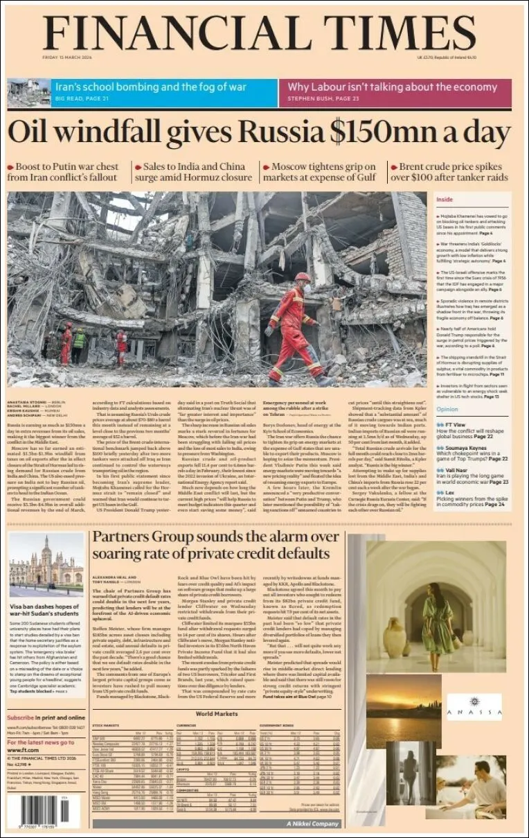 Portada de Financial Times del viernes, 13 de marzo de 2026