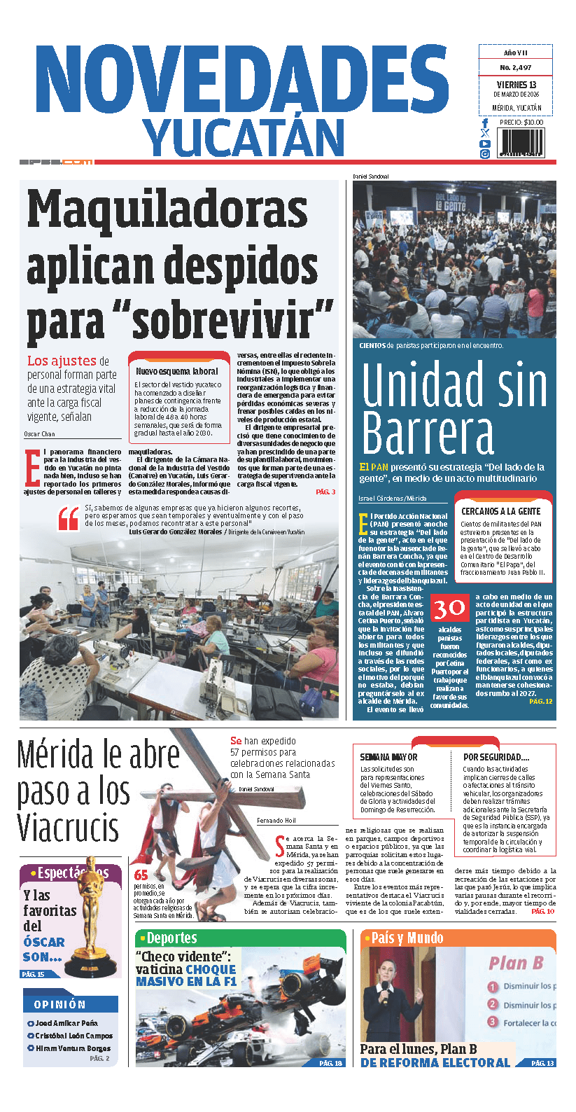 Portada de Novedades Yucatan del viernes, 13 de marzo de 2026