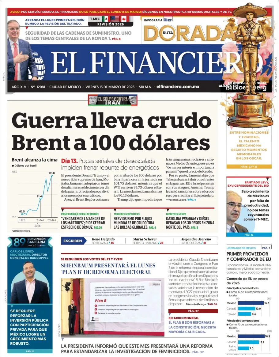 Portada de El Financiero del viernes, 13 de marzo de 2026