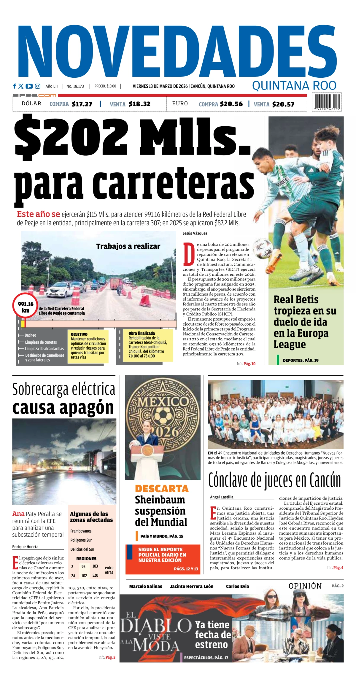 Portada de Novedades Quintana Roo del viernes, 13 de marzo de 2026