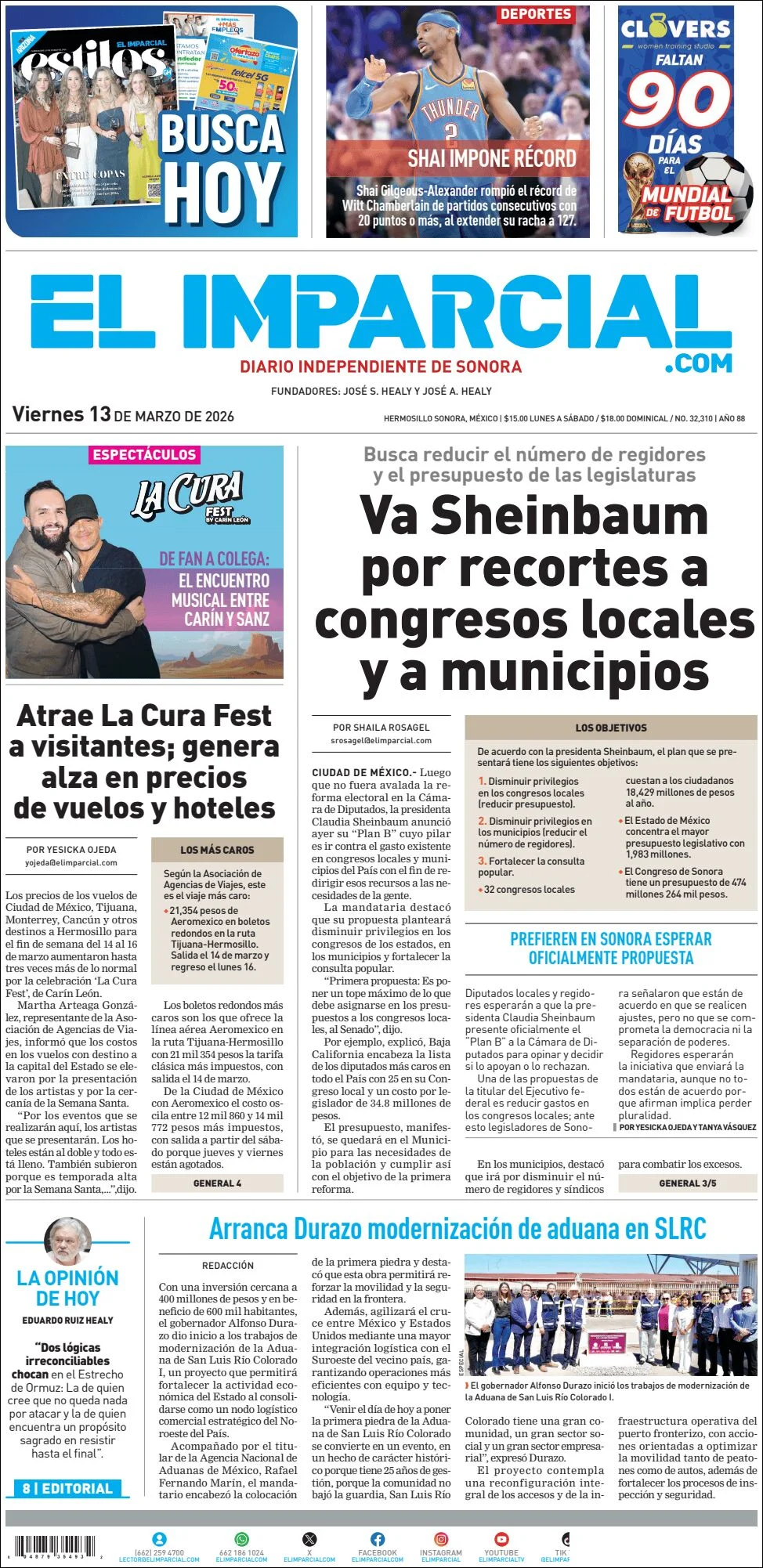 Portada de El Imparcial del viernes, 13 de marzo de 2026