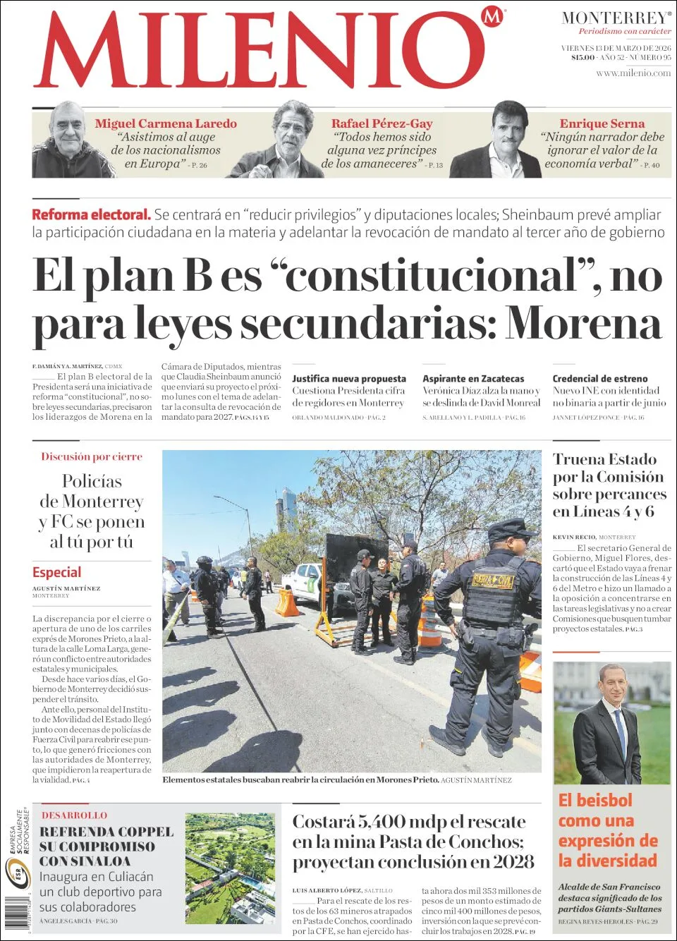 Portada de Milenio del viernes, 13 de marzo de 2026