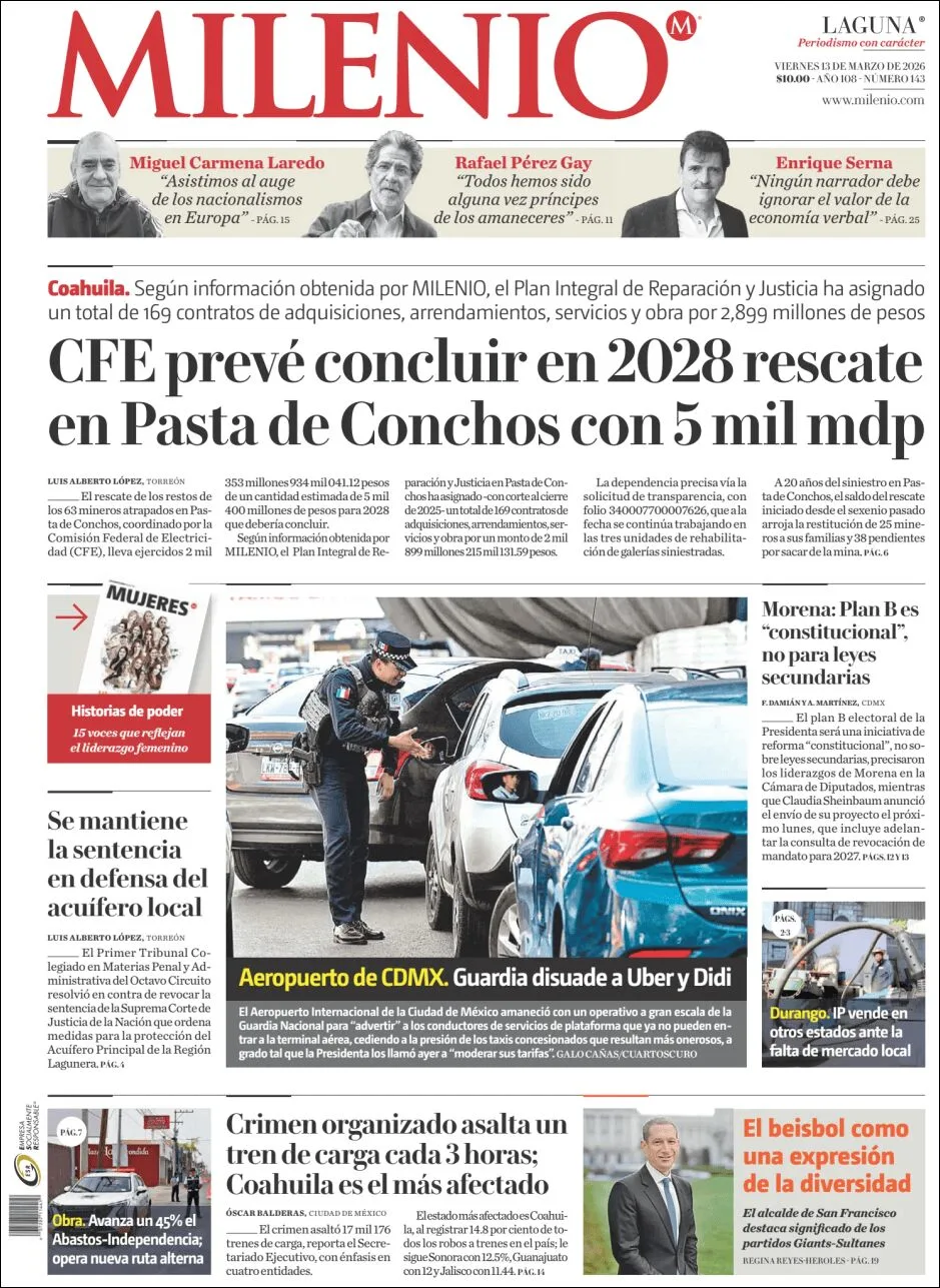 Portada de Milenio Laguna del viernes, 13 de marzo de 2026