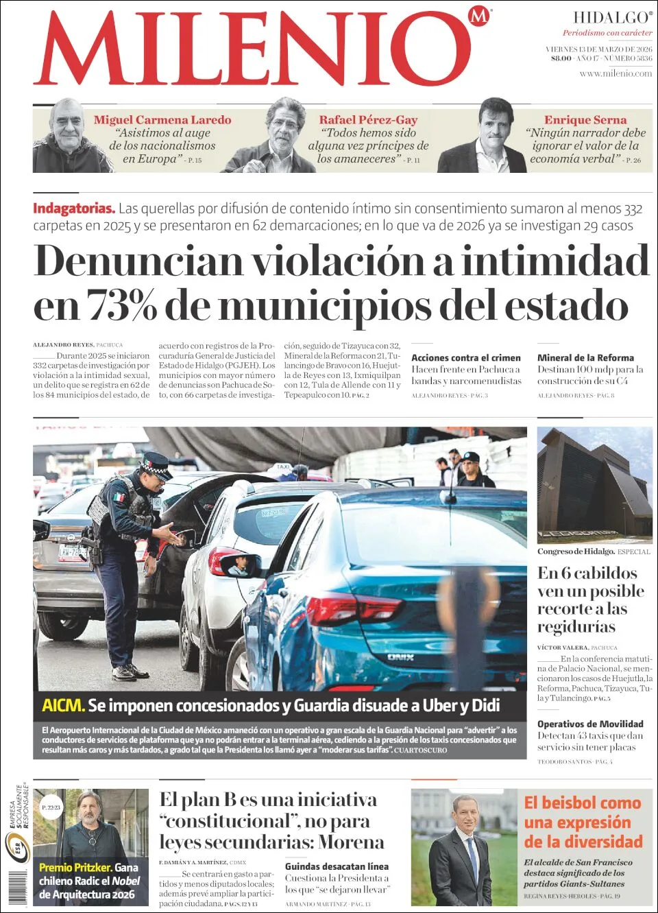 Portada de Milenio Hidalgo del viernes, 13 de marzo de 2026