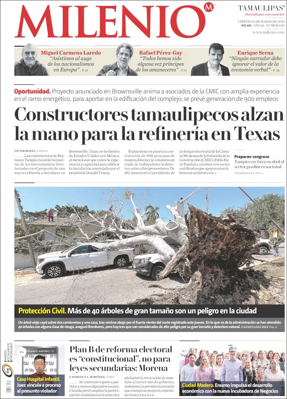 Portada de Milenio Tamaulipas del viernes, 13 de marzo de 2026