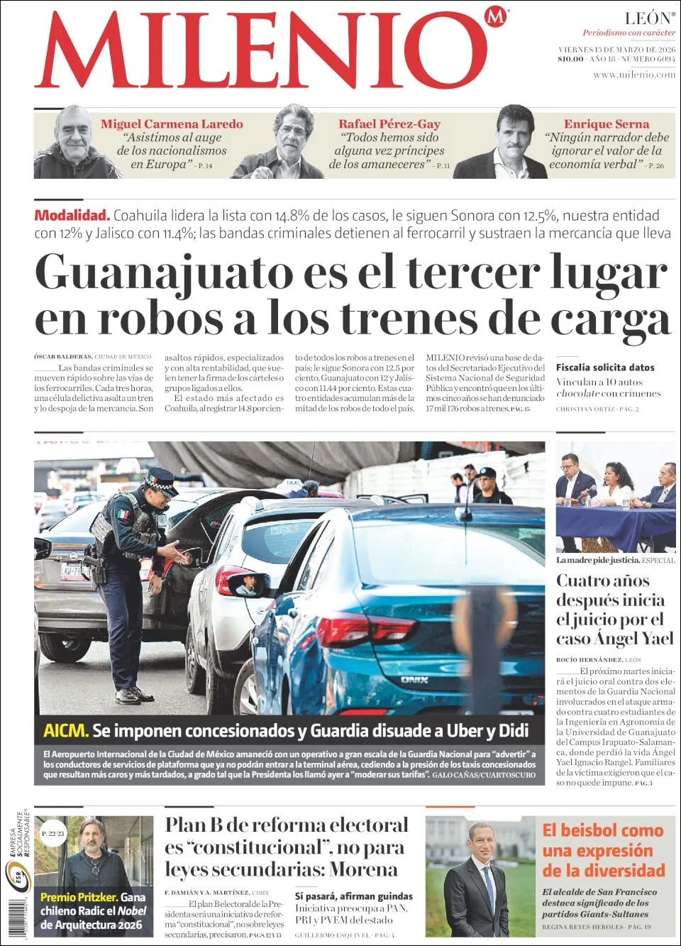 Portada de Milenio Leon del viernes, 13 de marzo de 2026
