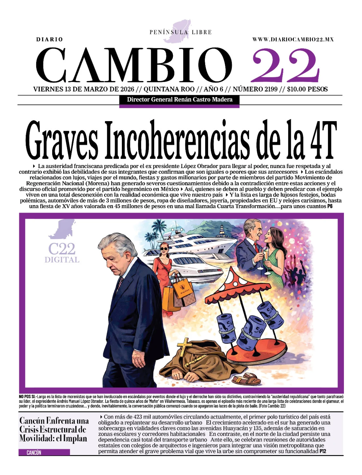 Portada de Diario Cambio 22 (portada) del viernes, 13 de marzo de 2026
