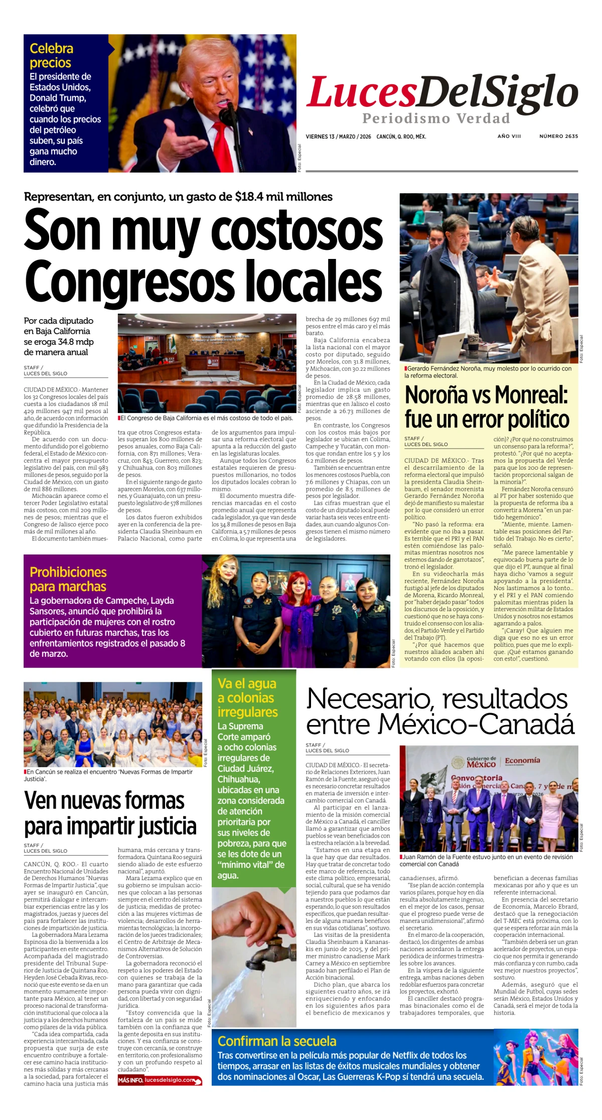 Portada de Luces del Siglo del viernes, 13 de marzo de 2026