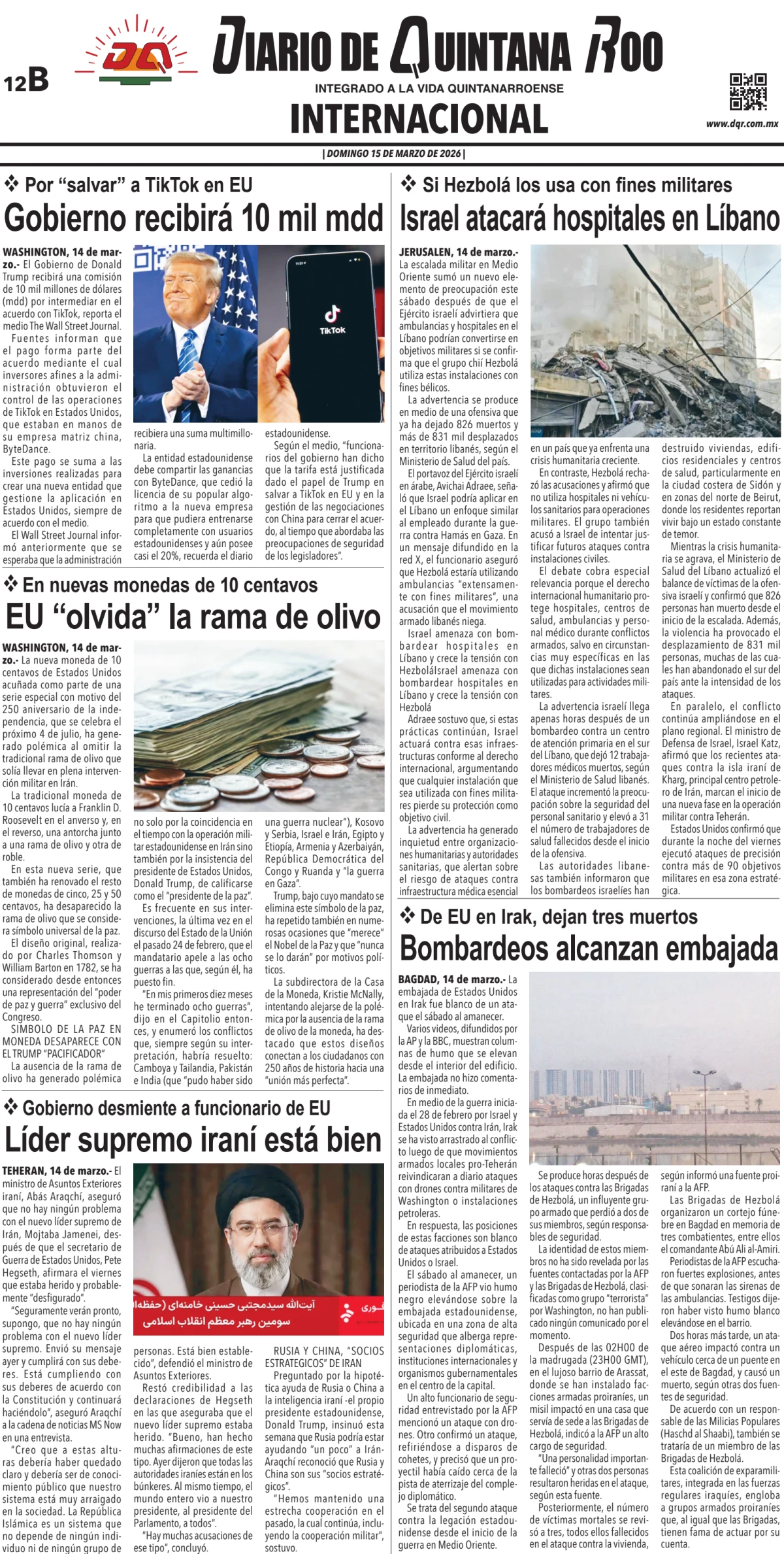Portada de Diario de Quintana Roo (contra Portada) del domingo, 15 de marzo de 2026