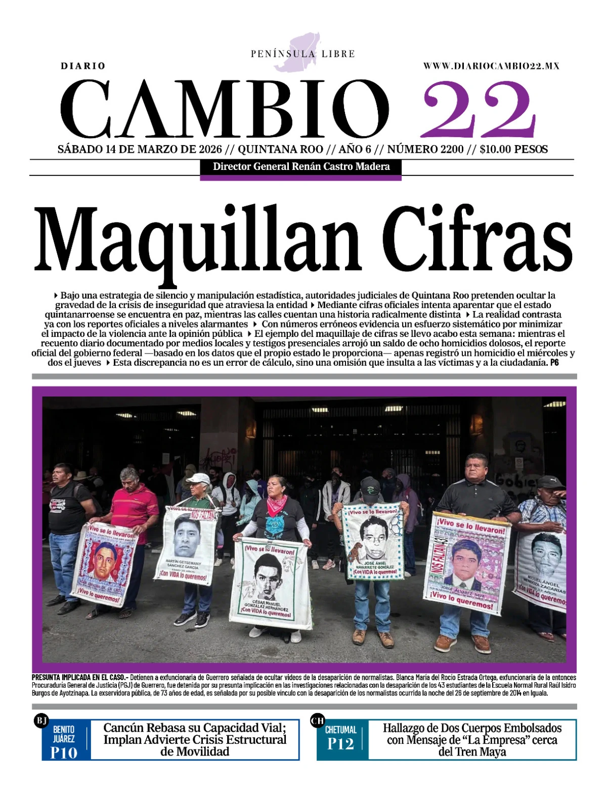 Portada de Diario Cambio 22 (portada) del sábado, 14 de marzo de 2026