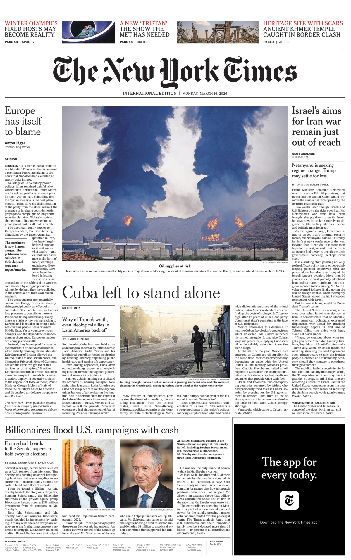 Portada de The New York Times (international) del lunes, 16 de marzo de 2026