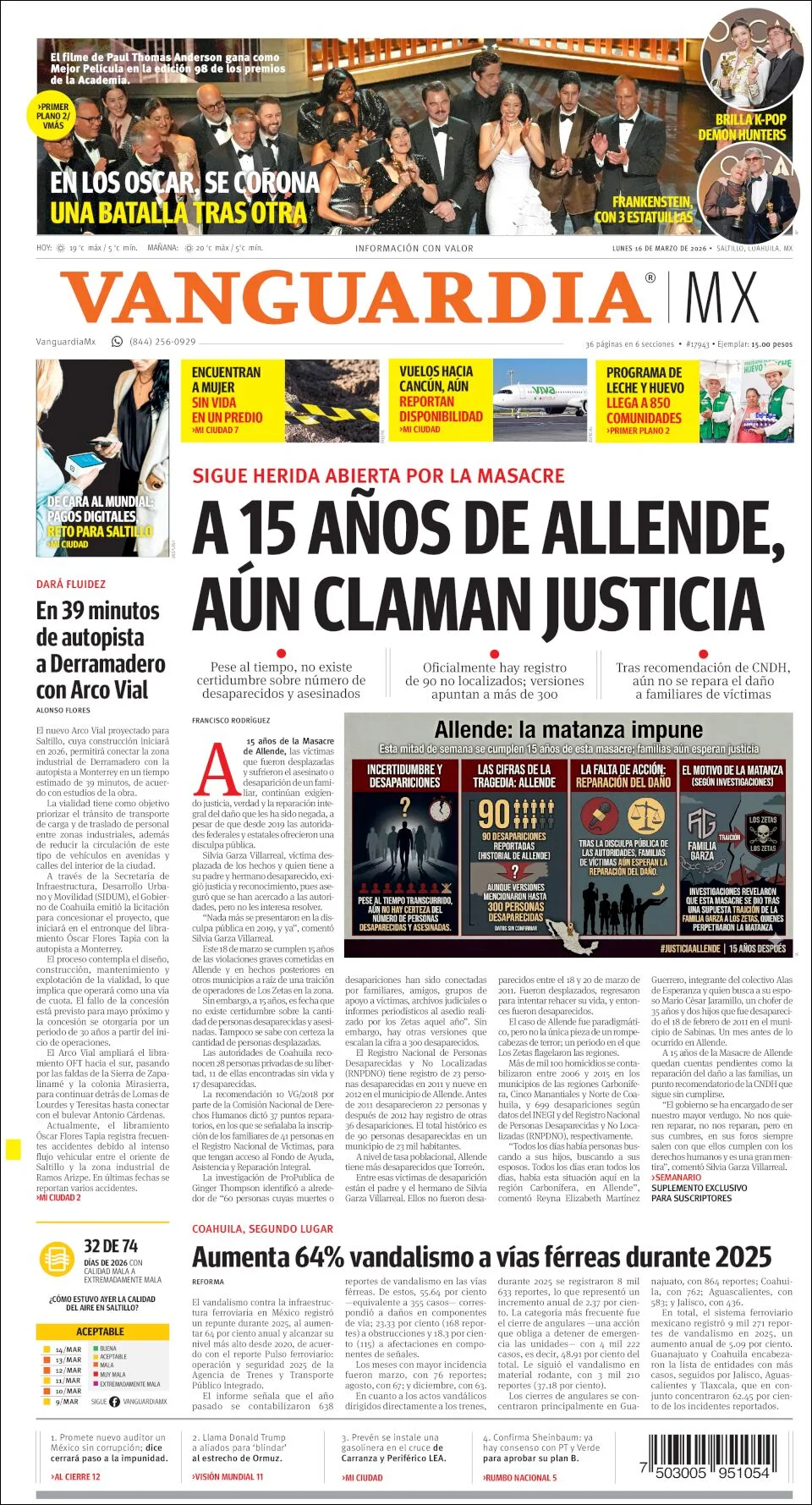 Portada de Vanguardia del lunes, 16 de marzo de 2026