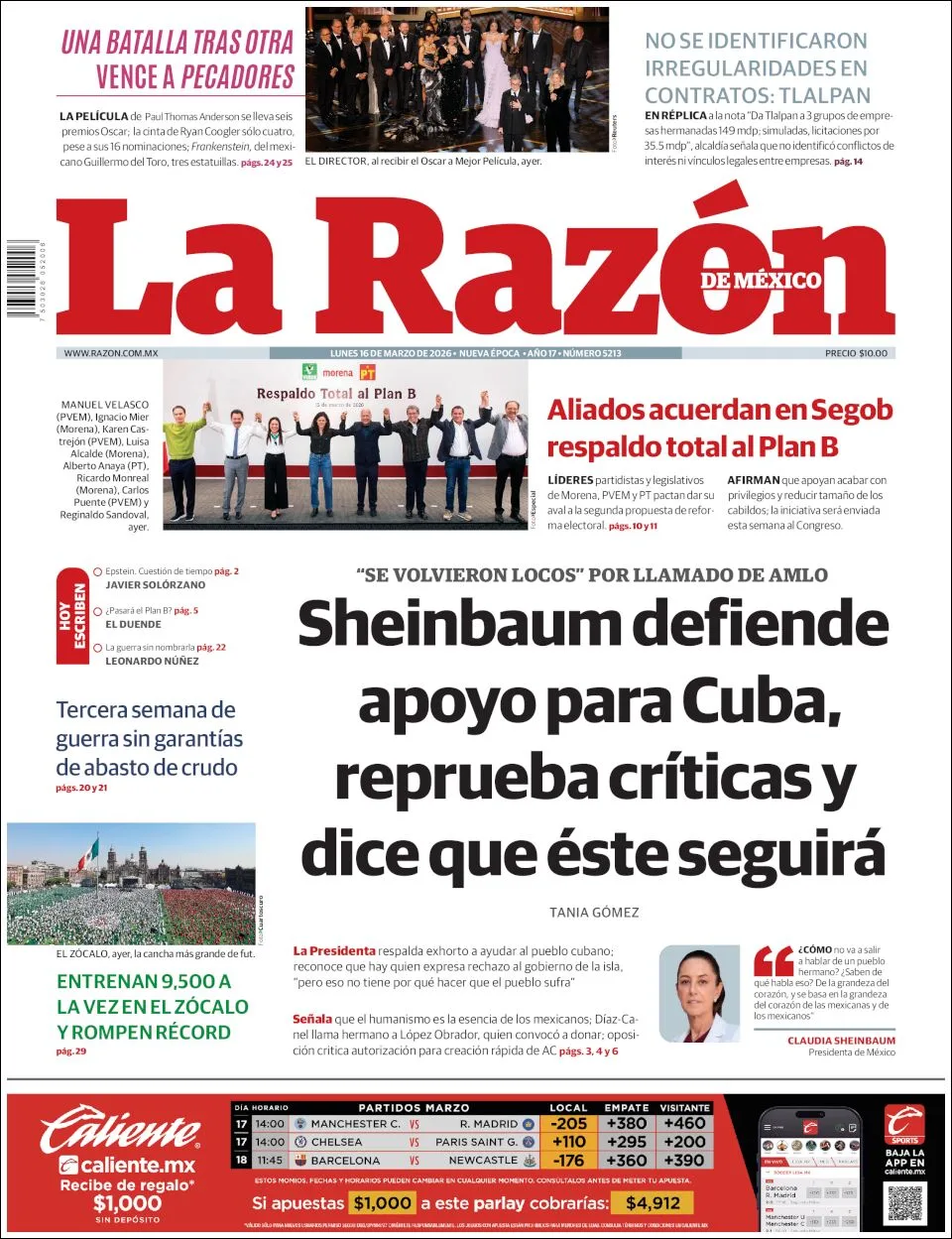 Portada de La Razon del lunes, 16 de marzo de 2026
