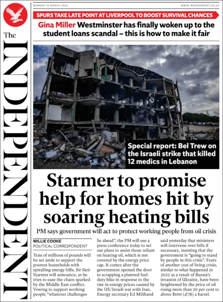 Portada de The Independent del lunes, 16 de marzo de 2026