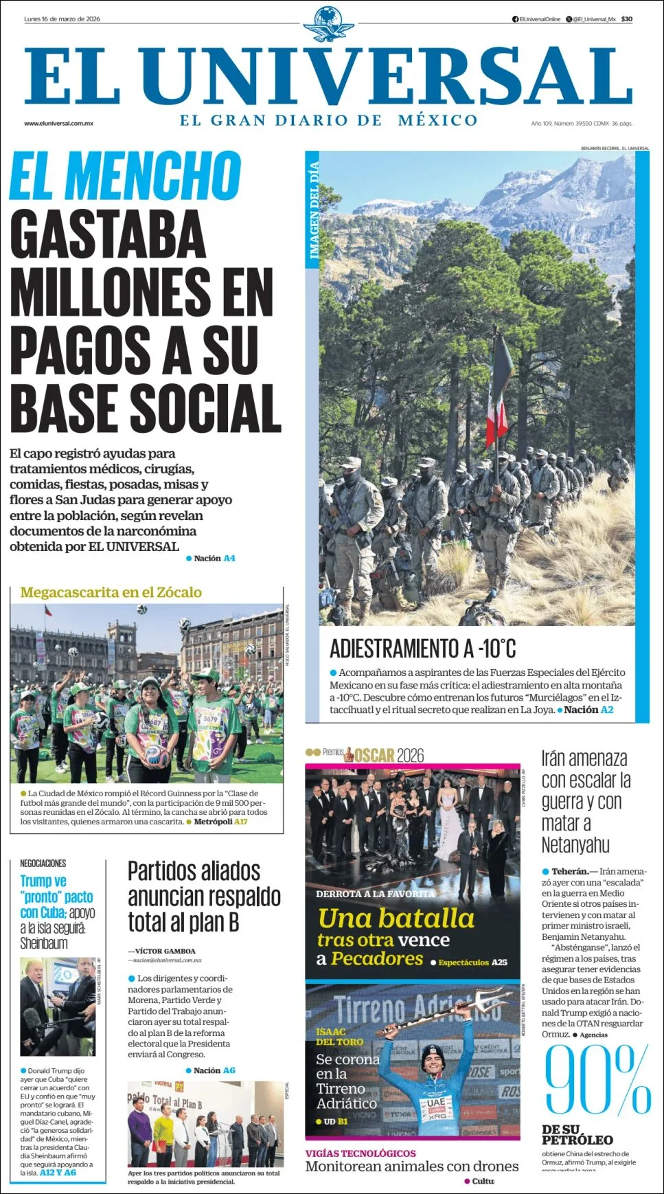 Portada de El Universal del lunes, 16 de marzo de 2026