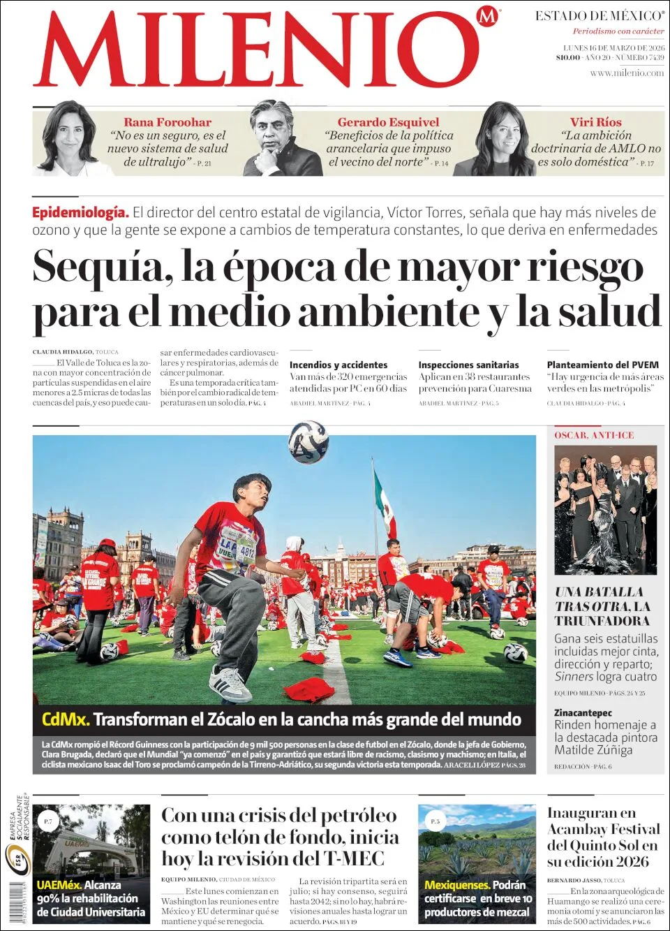 Portada de Milenio Edo de Mexico del lunes, 16 de marzo de 2026