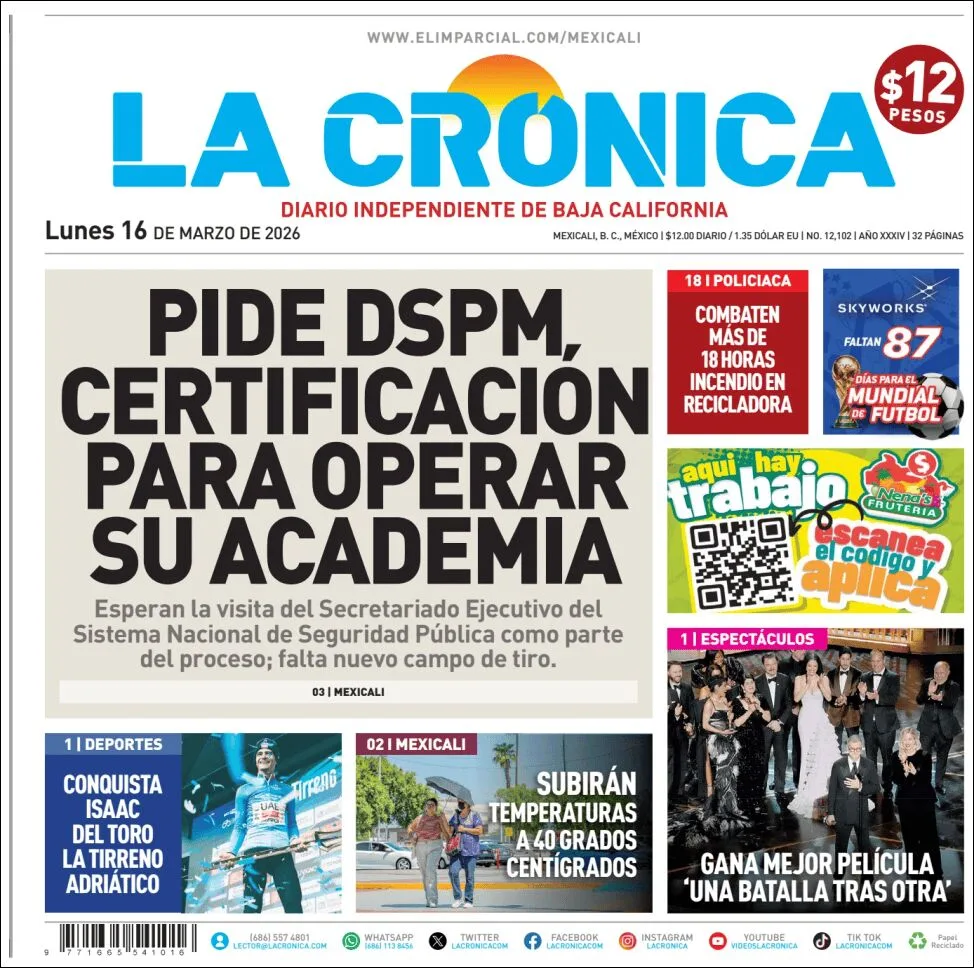 Portada de La Cronica del lunes, 16 de marzo de 2026
