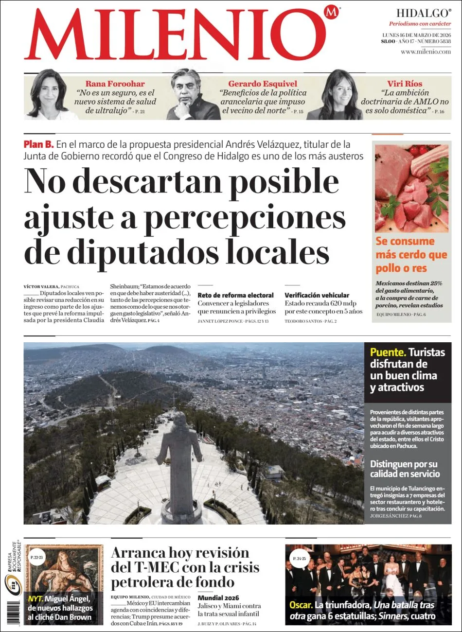 Portada de Milenio Hidalgo del lunes, 16 de marzo de 2026