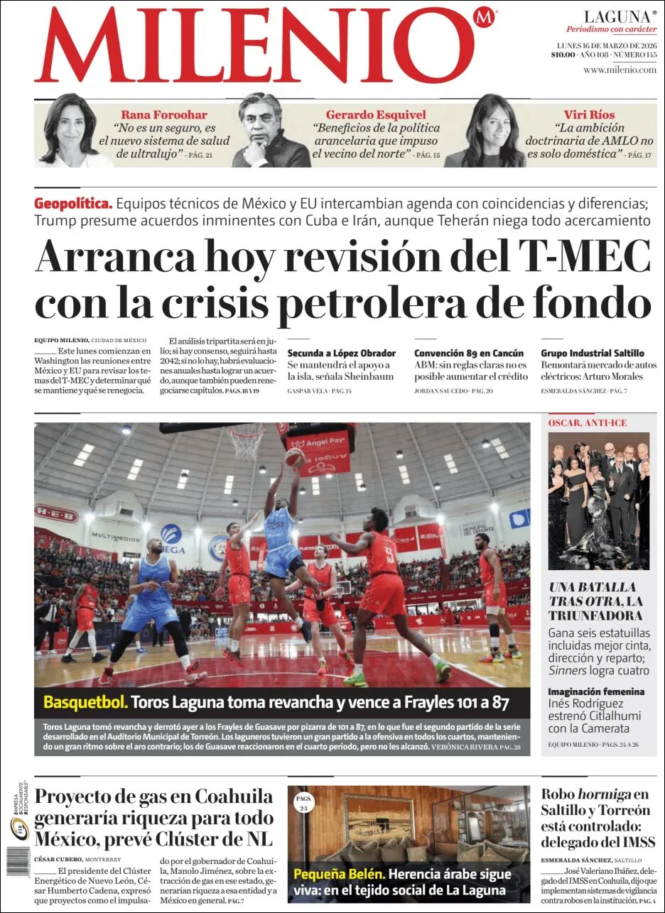 Portada de Milenio Laguna del lunes, 16 de marzo de 2026