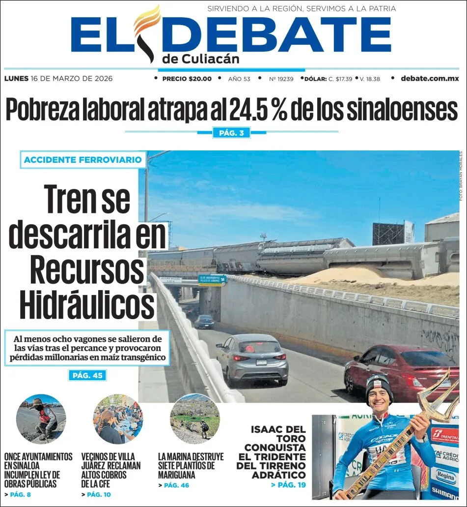 Portada de El Debate de Culiacan del lunes, 16 de marzo de 2026