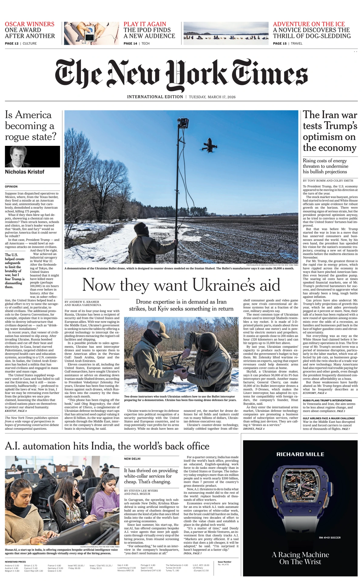 Portada de The New York Times (international) del martes, 17 de marzo de 2026