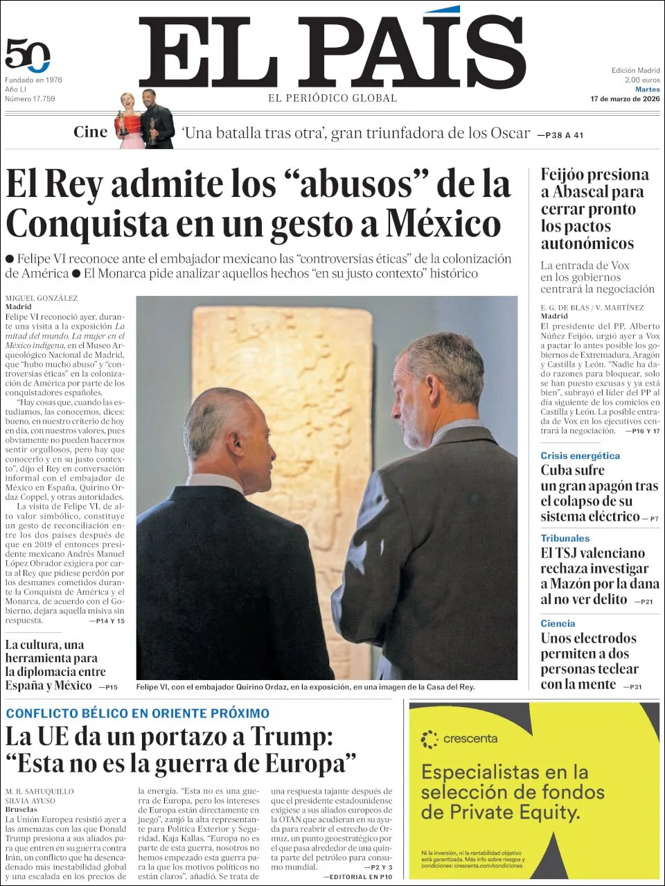 Portada de El Pais del martes, 17 de marzo de 2026