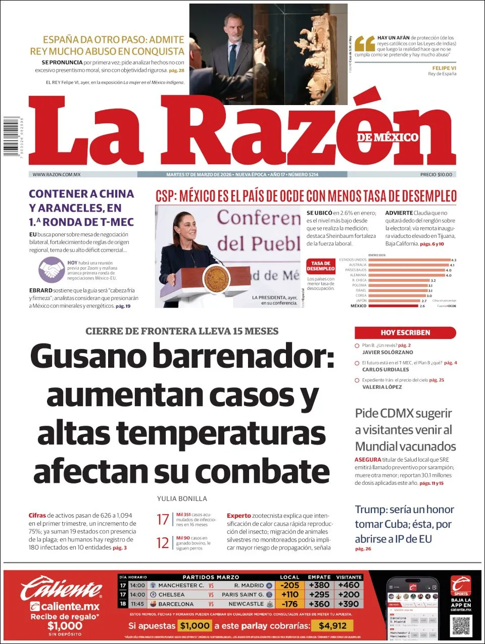 Portada de La Razon del martes, 17 de marzo de 2026