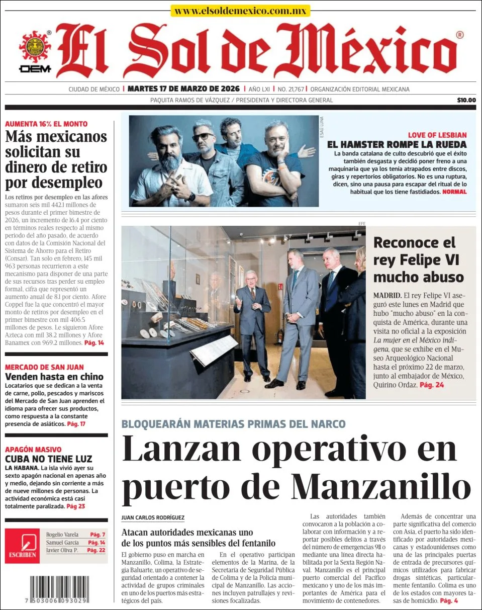 Portada de El Sol de Mexico del martes, 17 de marzo de 2026