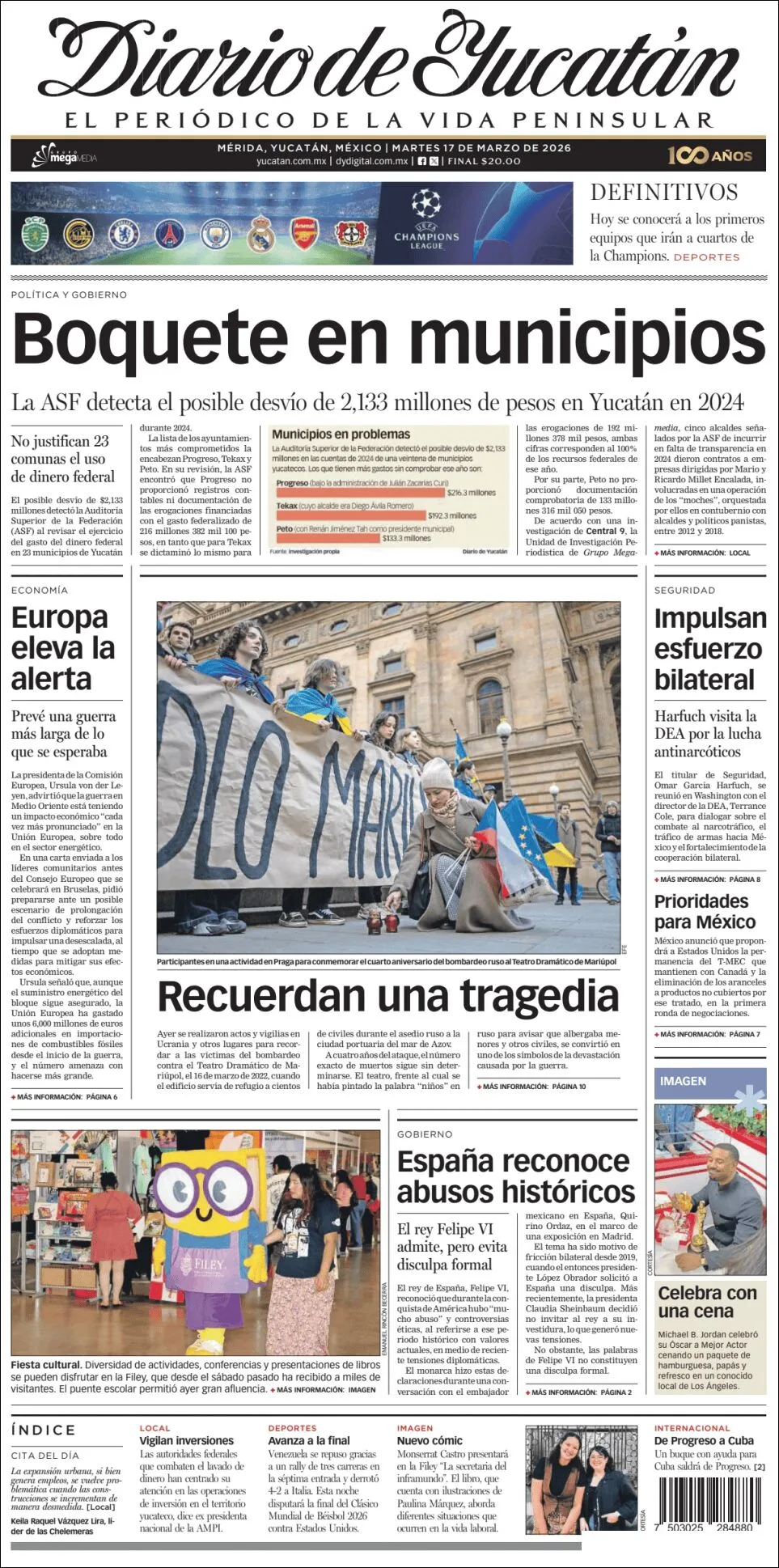 Portada de Diario de Yucatán del martes, 17 de marzo de 2026