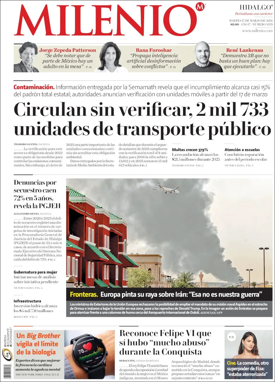 Portada de Milenio Hidalgo del martes, 17 de marzo de 2026