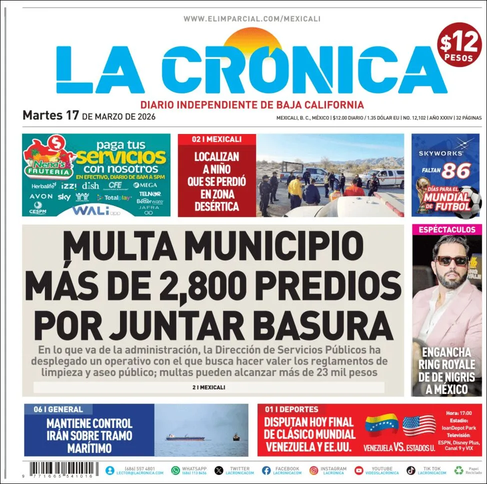Portada de La Cronica del martes, 17 de marzo de 2026