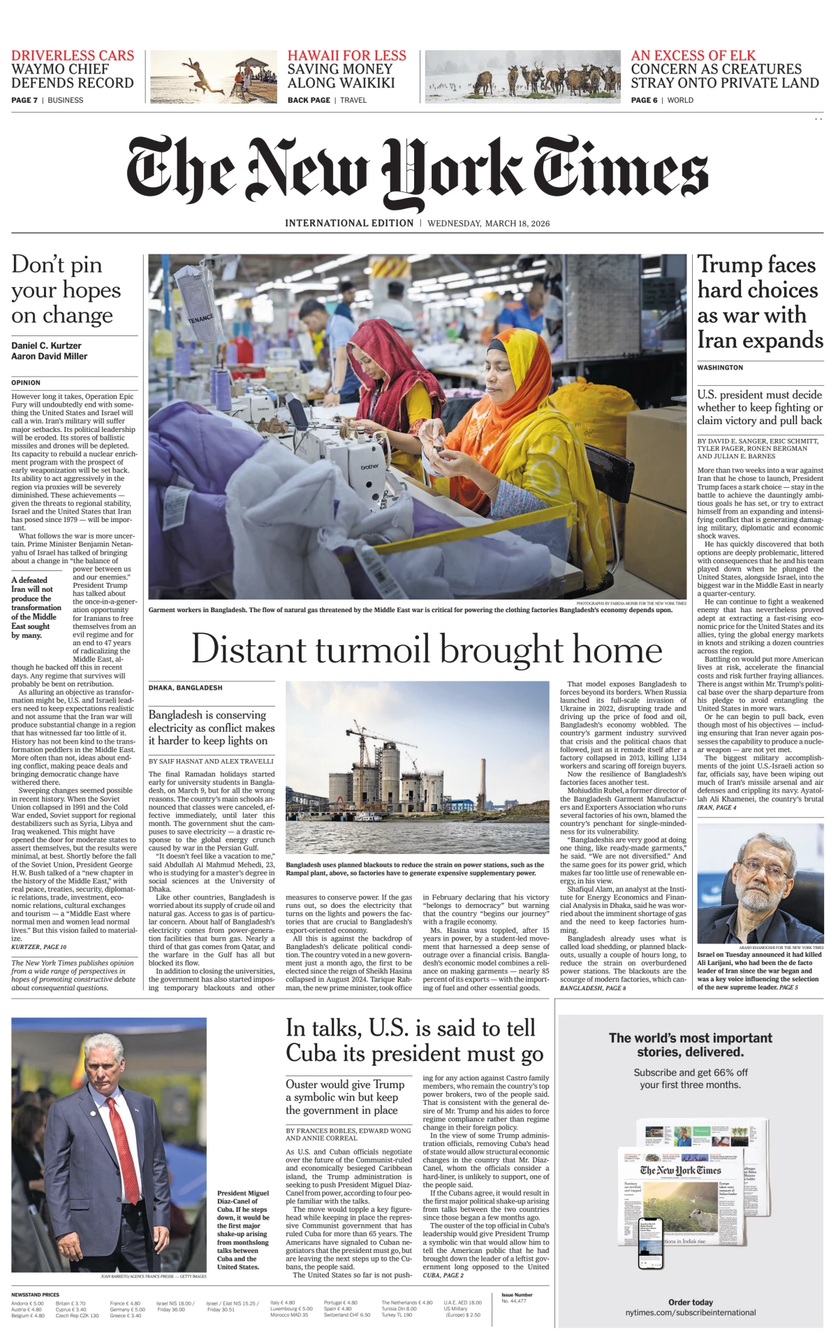 Portada de The New York Times (international) del miércoles, 18 de marzo de 2026