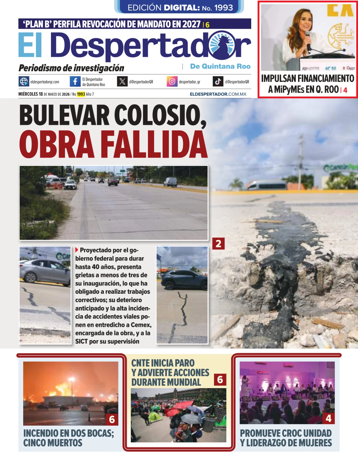 Portada de El Despertador de Quintana Roo del miércoles, 18 de marzo de 2026