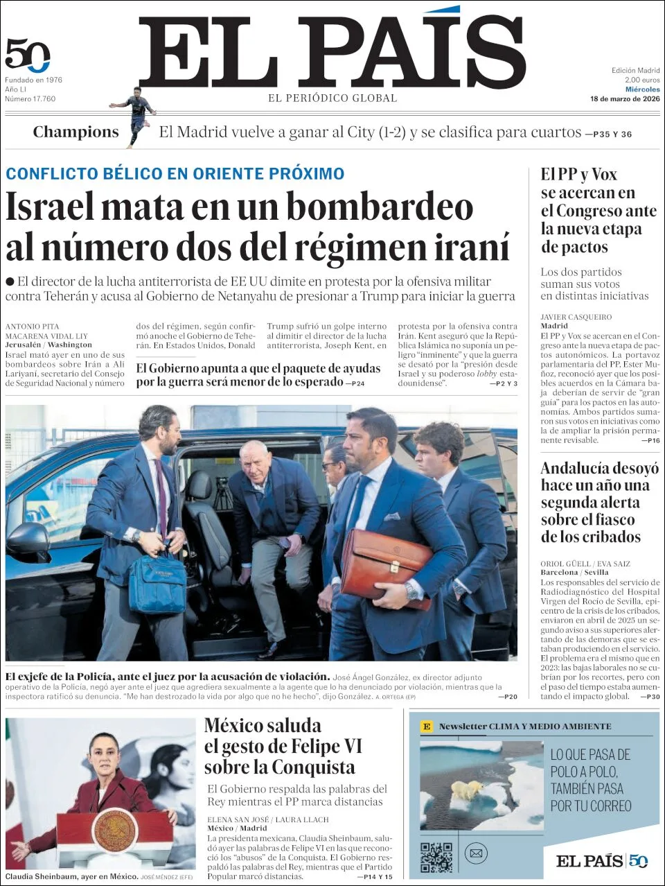 Portada de El Pais del miércoles, 18 de marzo de 2026