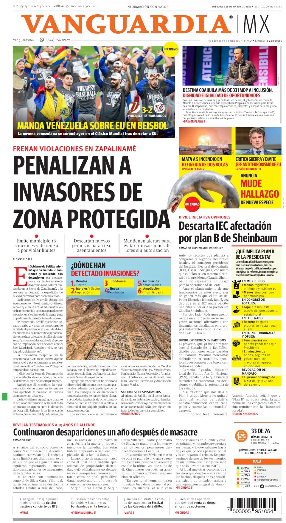 Portada de Vanguardia del miércoles, 18 de marzo de 2026