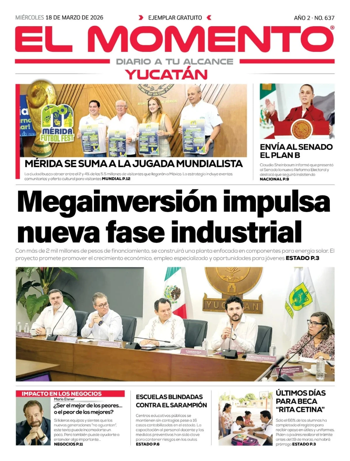 Portada de El Momento Yucatan del miércoles, 18 de marzo de 2026