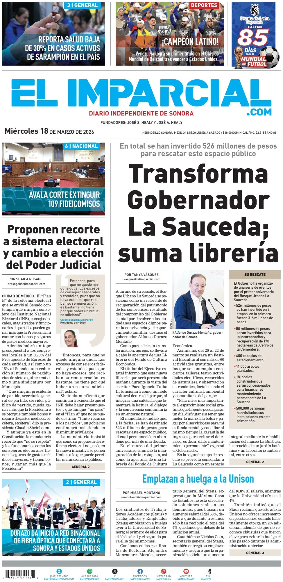 Portada de El Imparcial del miércoles, 18 de marzo de 2026