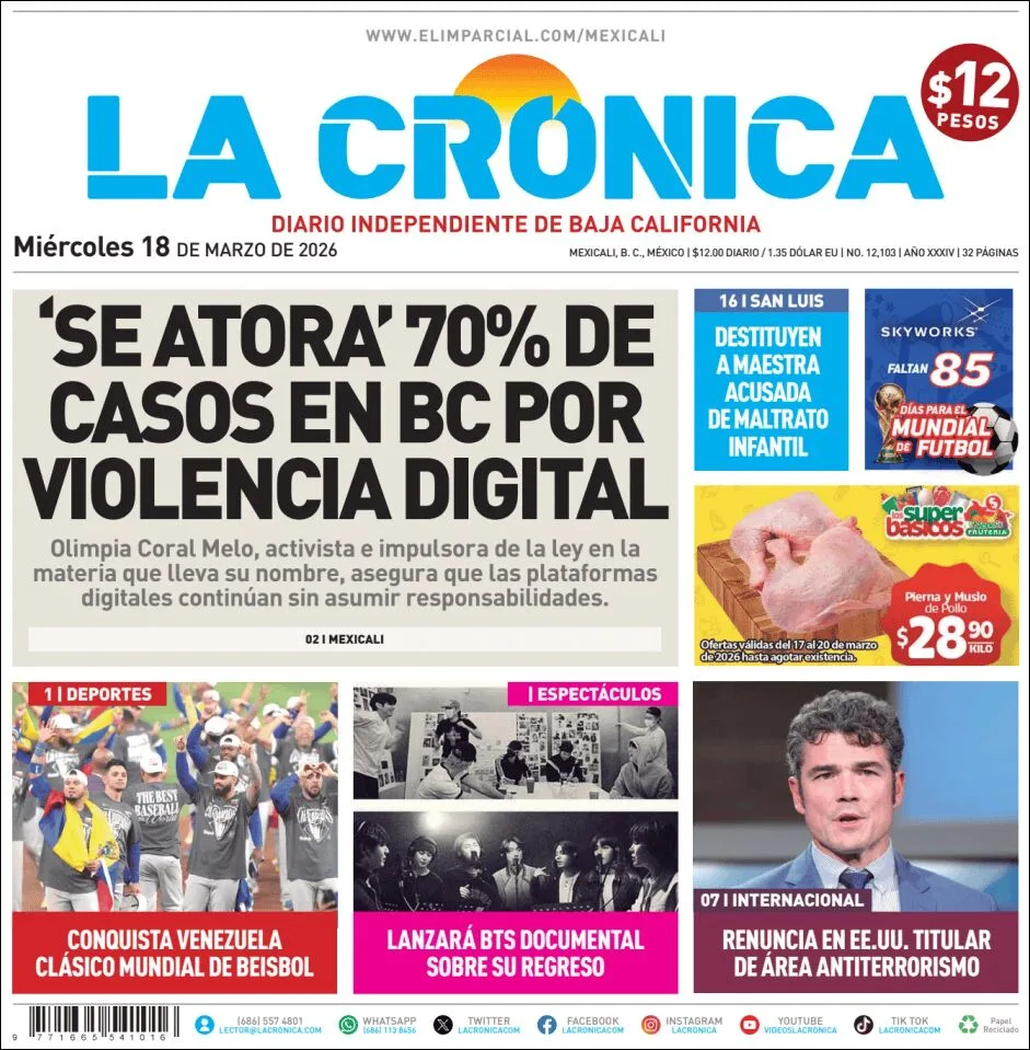 Portada de La Cronica del miércoles, 18 de marzo de 2026