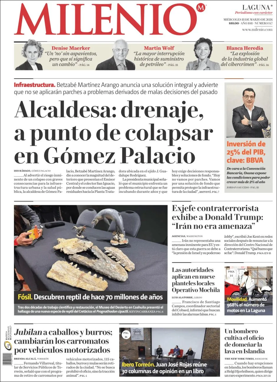 Portada de Milenio Laguna del miércoles, 18 de marzo de 2026