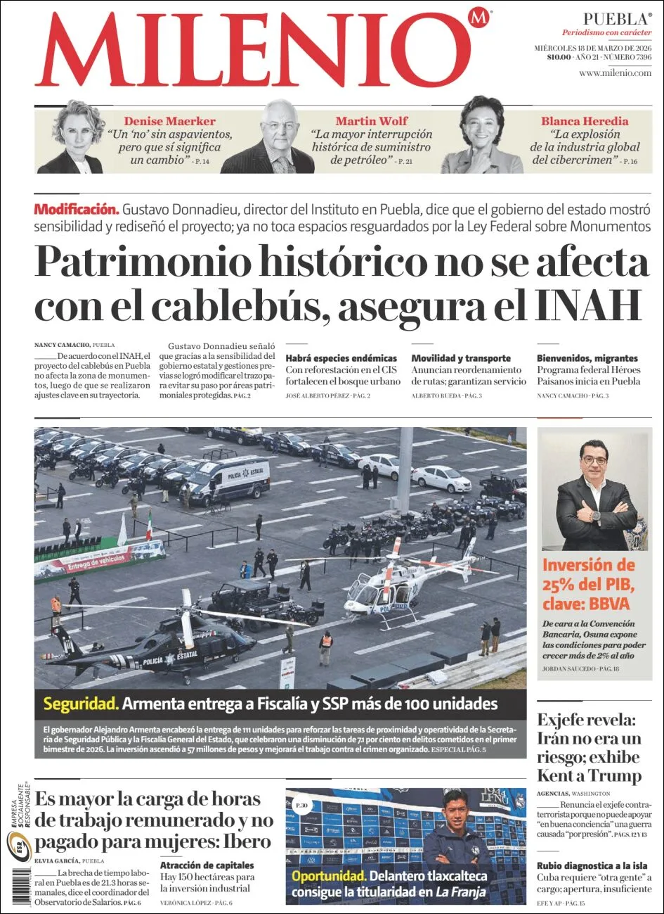 Portada de Milenio Puebla del miércoles, 18 de marzo de 2026