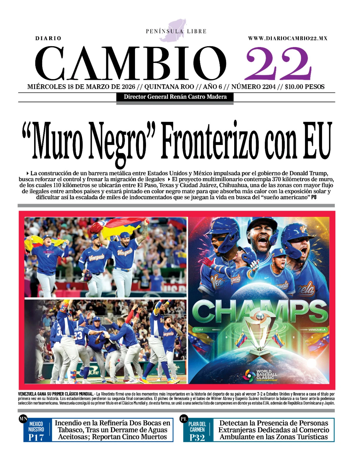 Portada de Diario Cambio 22 (contraportada) del miércoles, 18 de marzo de 2026