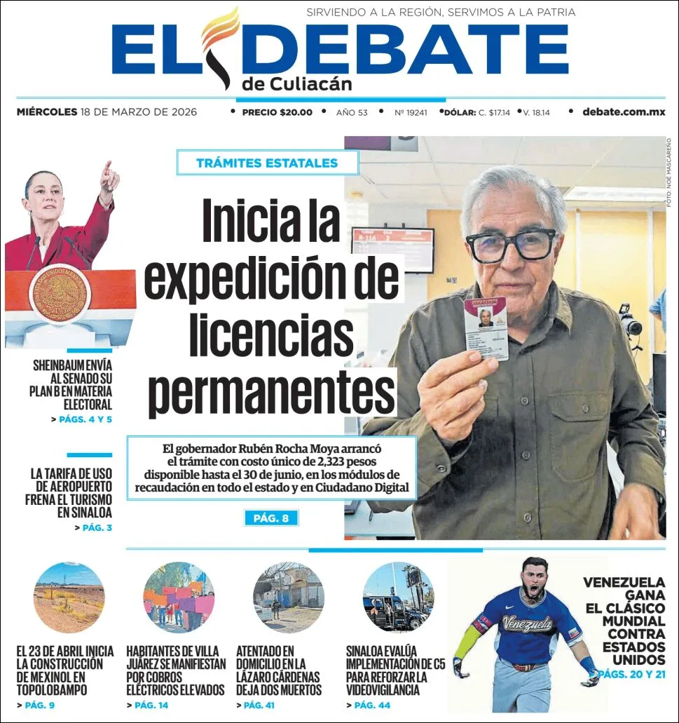 Portada de El Debate de Culiacan del miércoles, 18 de marzo de 2026